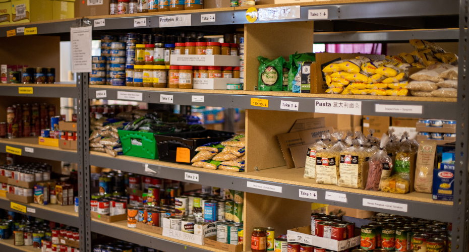 Shelves of food in a food bank